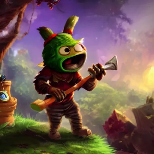 Prompt: still of Teemo from League of Legends in the style of Jim Henson, wearing goggles and wielding an axe