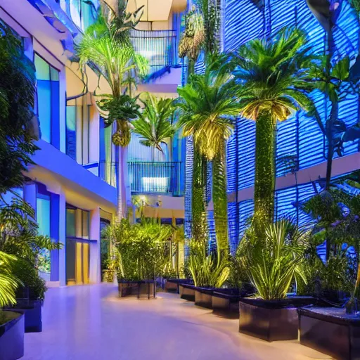 Prompt: The atrium of a refurbished contemporary building filled with tropical plants, blue hour, 4k,