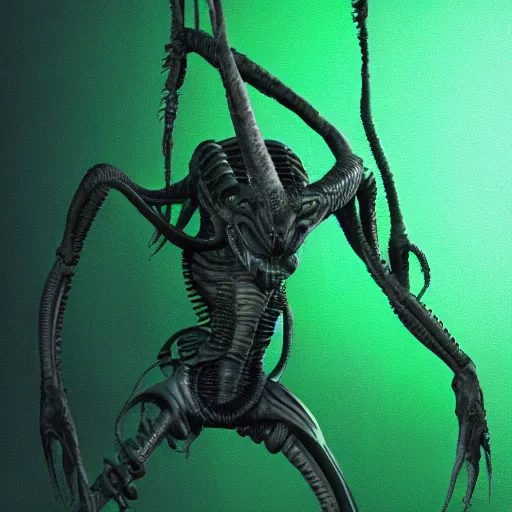 Prompt: xenomorph carrying ovomorph in xenomorph hive, dark, green light, photorealistic