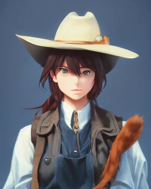 Image similar to a very cute cowgirl wearing a cat hat, medium shot, ambient lighting, visible and detailed face, by makoto shinkai, stanley artgerm lau, wlop, rossdraws