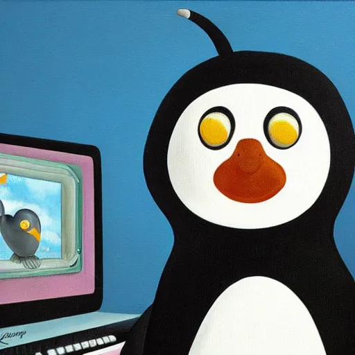 Prompt: pingu sitting behind a computer, painted by mark ryden, art, epic lighting