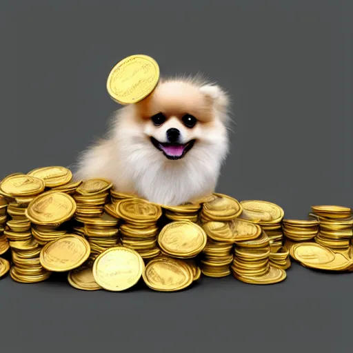 Image similar to A pomeranian wearing a top-hat, sitting on top of a large pile of gold coins