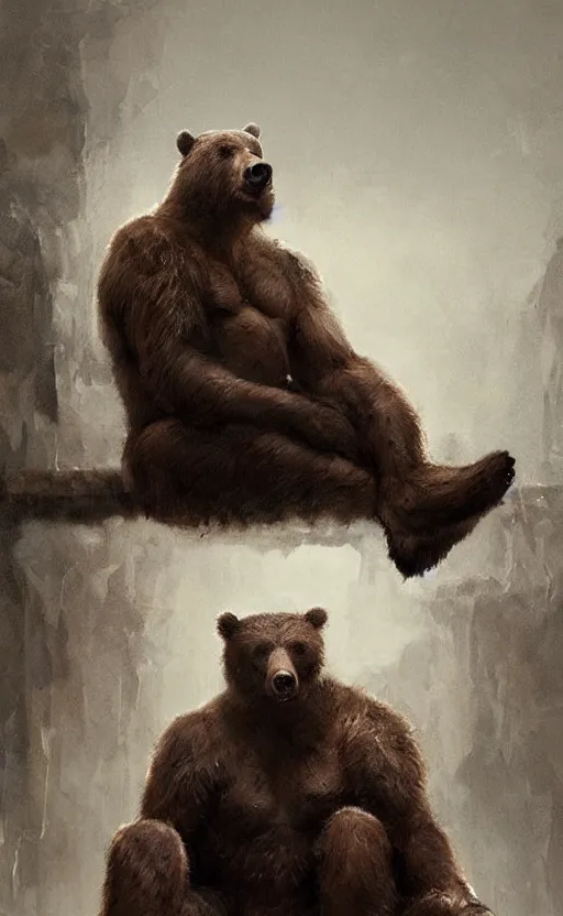 Image similar to Portrait of a rugged bear sitting down, male, muscular, detailed face, bare thighs!!!, simple clothing!!!!!, fantasy, medieval, highly detailed, cinematic lighting, digital art painting by greg rutkowski