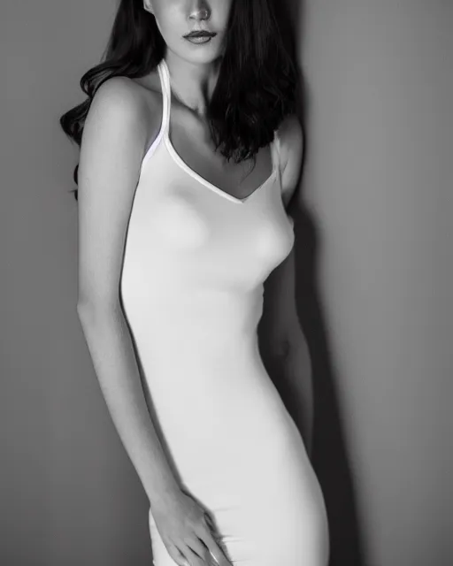 Image similar to 2 8 mm portrait of gorgeous seductive tall emily skinner wearing tight white dress, in a white room, pale skin, cinematic lighting, sharp focus, backlit, smooth, hard focus, studio lighting, glamour pose, arney freyag, octane