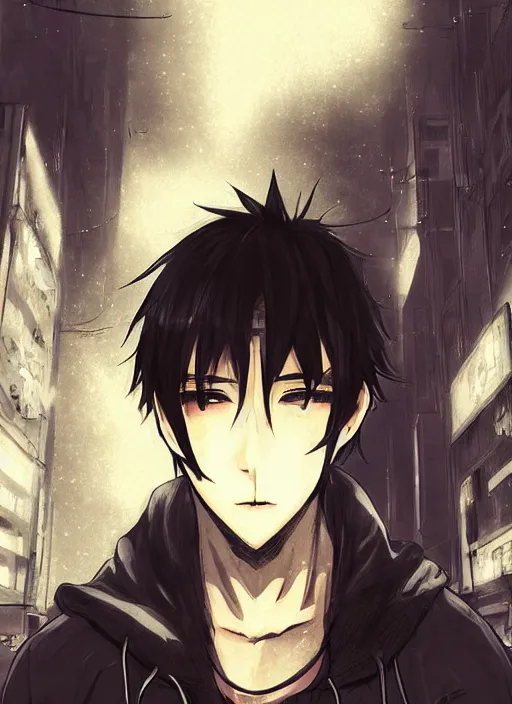 Image similar to manga cover, black-haired man wearing a black hoodie, stubble beard, thick eyebrows, short hair, intricate cyberpunk city, emotional lighting, character illustration by tatsuki fujimoto