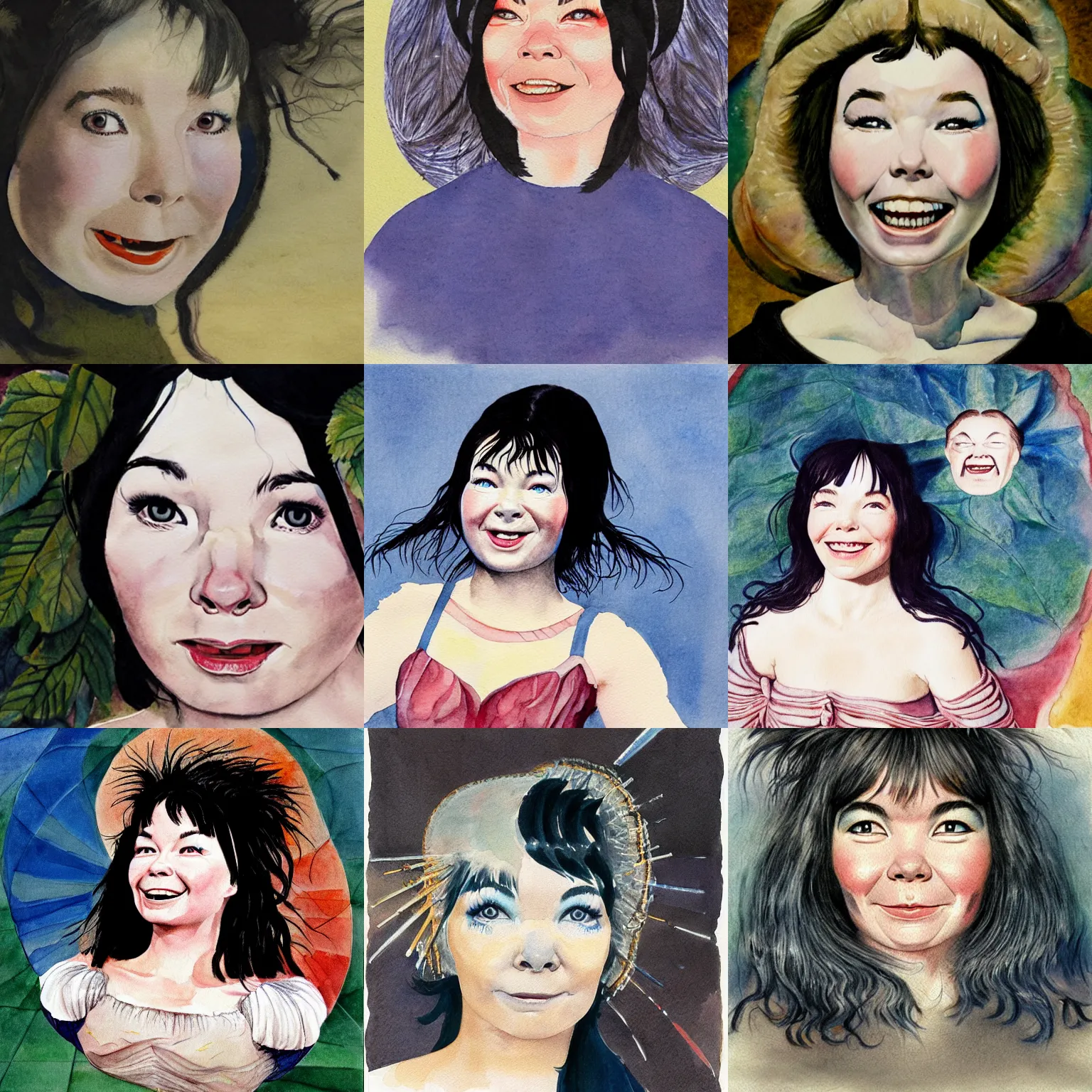 Prompt: photorealistic portrait of bjork's face, bjork looks very smug, bjork is smirking and laughing derisively, beautifully painted in watercolor by william blake, 1 8 2 6.