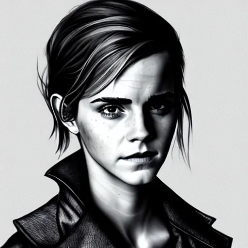 Image similar to Emma Watson in a dystopian fantasy scenario, artstation, concept art, sharp focus, illustration in pen an ink, full body view, extremely detailed, extremely complex, black and white, art by  Makoto Yukimura