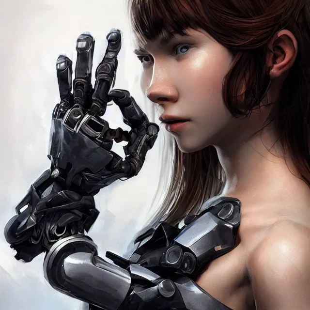 Image similar to girl with giant cyborg hands, cgsociety