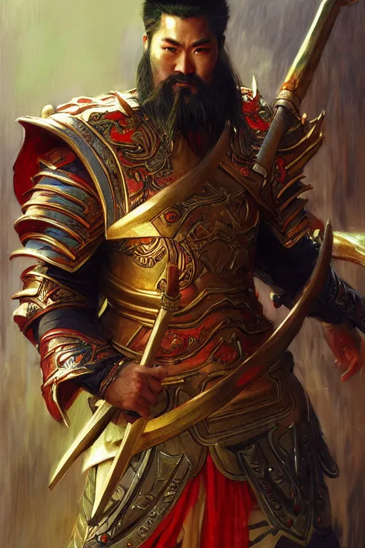 Prompt: attractive male with armor and clothes, guan yu, character design, colorful paint, sweat, painting by gaston bussiere, craig mullins, j. c. leyendecker