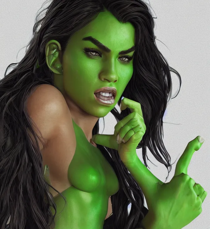 Image similar to madison beer as shehulk, au naturel, hyper detailed, digital art, trending in artstation, cinematic lighting, studio quality, smooth render, unreal engine 5 rendered, octane rendered