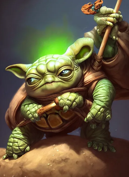 Image similar to cute wise sage turtle holding a staff, yoda - like, subsurface scattering, by jesper ejsing, justin gerard, tomasz alen kopera, cgsociety and fenghua zhong, highly detailed, rim light, cinematic lighting, illustration, art, octane render, very coherent, cinematic, hyper realism, high detail, octane render, 8 k