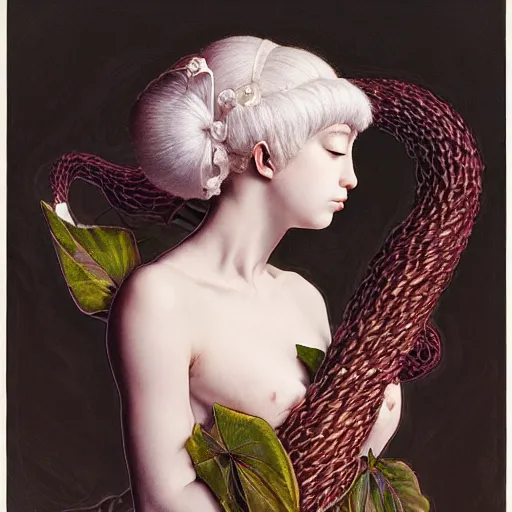 Image similar to white cat girl, botanical, portrait face, colorful, frantisek kupka, intricate, miles johnston, kuroda seiki, cynical realism, ozabu, john william godward, painterly, yoshitaka amano, moebius, miles johnston, louise zhang, james jean, mark ryden lowbrow pop surrealism art style