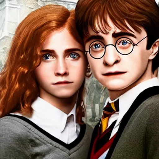 Image similar to Harry Potter Ron and Hermione in Venice, hyper realistic face, symmetrical face, beautiful eyes,