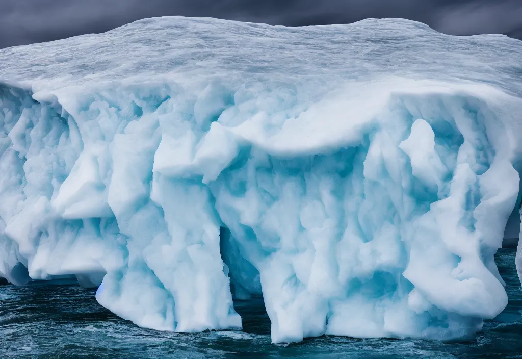 Prompt: fashion editorial on melting iceberg. gigantic ice falling in the sea. huge waves. wide angle shot. highly detailed. depth of field. high definition. 8k. photography.