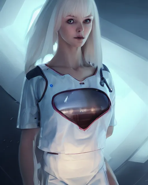 Image similar to beautiful nordic woman wearing futuristic nurse outfit, beautiful, detailed portrait, cell shaded, 4 k, concept art, by wlop, ilya kuvshinov, artgerm, krenz cushart, greg rutkowski, pixiv. cinematic dramatic atmosphere, sharp focus, volumetric lighting, cinematic lighting, studio quality