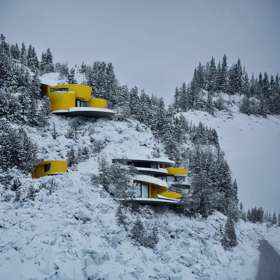 Image similar to a road leading to a mid-century modern house with large windows on top of a cliff in the arctic, covered with snow, designed by Frank Gehry. Big tiles. Film grain, cinematic, yellow hue