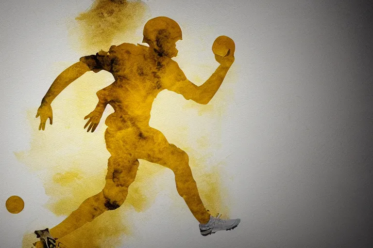 Image similar to beautiful serene foorball player, healing through motion, life, minimalistic golden and ink airbrush painting on white background