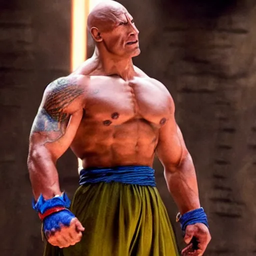 Image similar to photo of a live - action dragon ball z movie featuring dwayne johnson as nappa in full saiyan armor