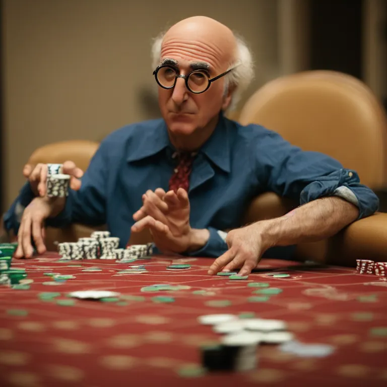 Image similar to a cinematic film still of a claymation stop motion film starring larry david playing poker, portrait, shallow depth of field, 8 0 mm, f 1. 8