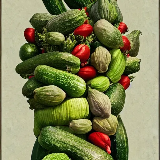 Image similar to mark zuckerberg as a zucchini, vegetable market stand in the background, digital painting by arcimboldo