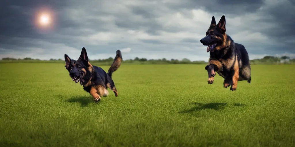 Prompt: German Shepherd jumping to catch a ball in green fields, cinematic lighting, wide angle landscape photography, hyperrealistic, 8k