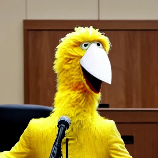 Prompt: big bird gives testimony in a court room wearing a suit