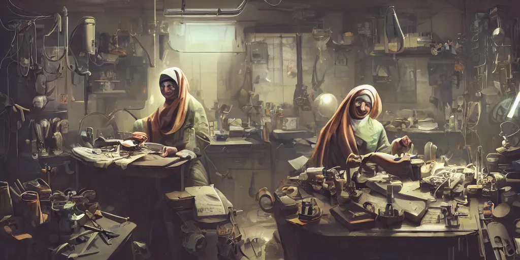 Prompt: an environmental concept art of a babushka cyberneticist in a cluttered mechanics workshop, surgical implements, surgery table, highly detailed, cinematic, dramatic, cyberpunk