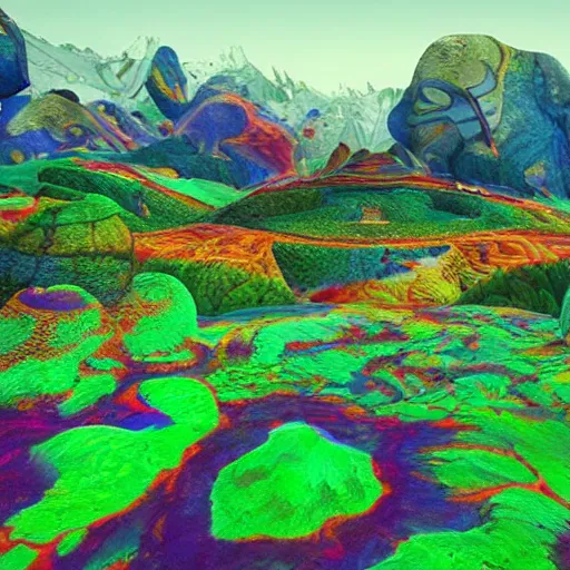 Prompt: an organic landscape made of psychedelic LSD DMT open eye visuals, Shpongle, unreal engine cinema4ad