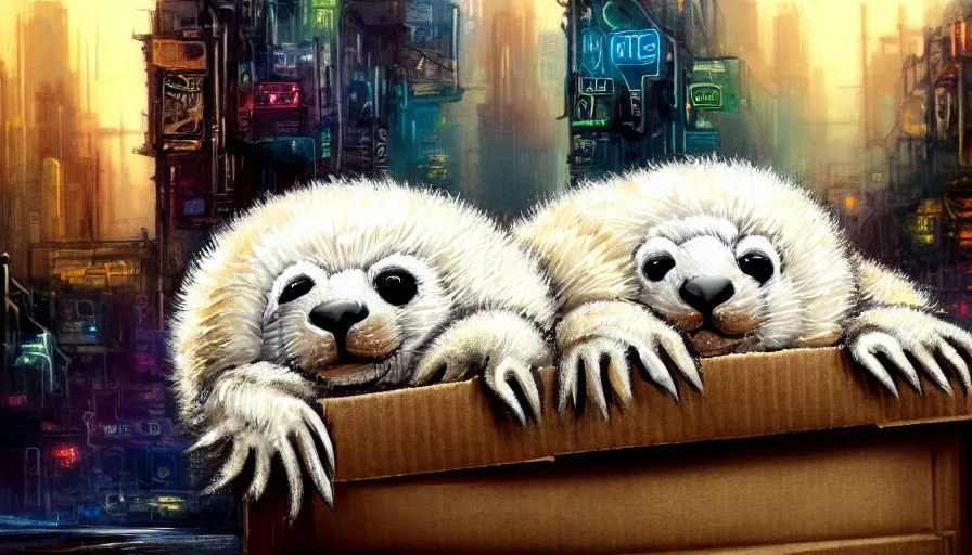 Prompt: highly detailed painting of furry white baby seals cuddled up in a cardboard box in a dystopian cyberpunk street by william turner, thick brush strokes and visible paint layers, 4 k resolution, retrowave colour scheme