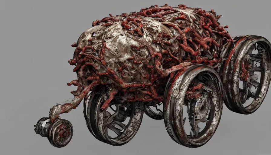 Prompt: Techno-biological rusty modern double cannon tank consisting of tumors, meat, veins, bones, guts, kidneys, wires. Biopunk, body-horror, high detail, photorealism, full length view, very rust, concept art, octane render, 16k, 8k