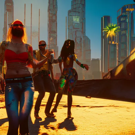 Image similar to Dancing hippies in the desert. Cyberpunk 2077. CP2077. 3840 x 2160