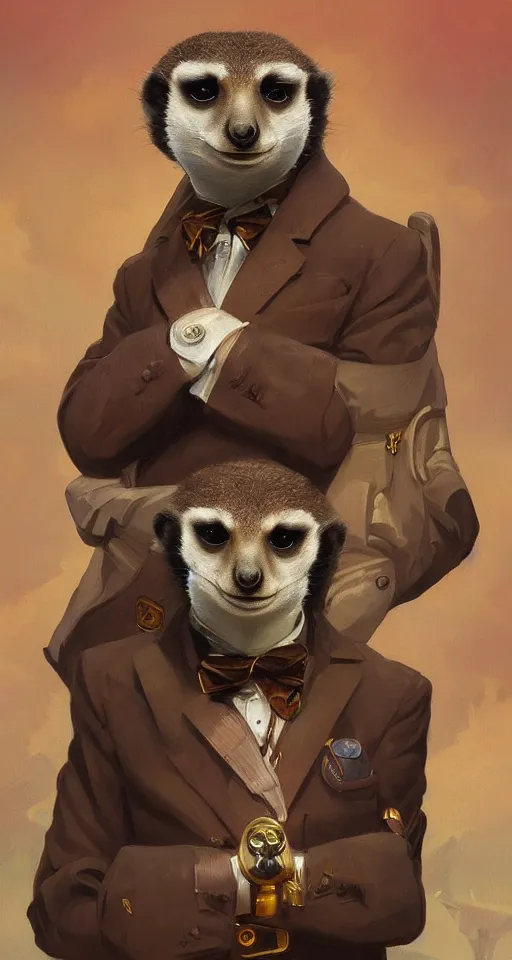 Image similar to a meerkat with suit as president of russia, pulp art, deep focus, turnaround, pulp art, fantasy, intricate, elegant, highly detailed, digital painting, artstation, concept art, matte, sharp focus, illustration, hearthstone, art by rhads and artgerm and greg rutkowski and alphonse mucha