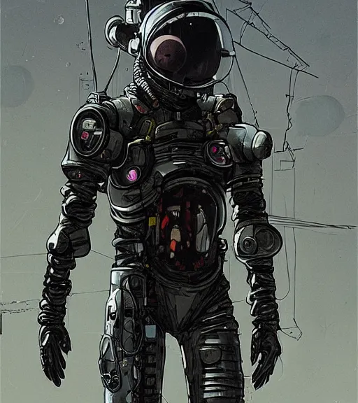 Image similar to realistic cyberpunk engineer with long limbs and a black spacesuit on a spacewalk, techwear, dead space, visible face, Industrial Scifi, detailed illustration, character portrait, by Ashley Wood and Moebius