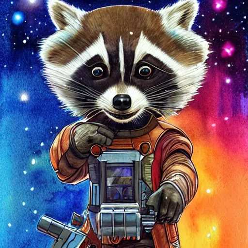 Image similar to racoon holding a laser gun, digital art, guardians of the galaxy style, centered award winning watercolor pen illustration, by caroline choi, edited by range murata