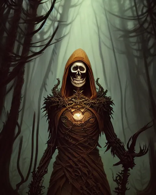 Image similar to Portrait of a skeleton mage wearing hood, dark fantasy, deep forest on background, mid-shot, intricate, elegant, highly detailed, digital painting, artstation, concept art, smooth, sharp focus, illustration, art by Sam Youn and Fernanda Suarez and Artem Demura and alphonse mucha