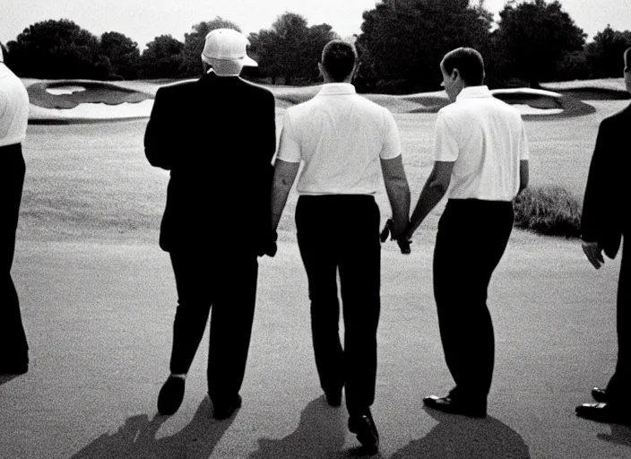 Image similar to front view of a single Donald Trump with hands behind back taken away by two young FBI agents wearing uniforms at golf course, photo by Alex Webb, photo by James Nachtwey