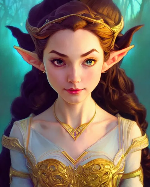 Image similar to portrait of disney zelda, intricate, elegant, highly detailed, my rendition, digital painting, artstation, concept art, smooth, sharp focus, illustration, art by artgerm and greg rutkowski and alphonse mucha and uang guangjian and gil elvgren and sachin teng and wlop, symmetry!!