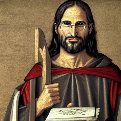 Prompt: Medieval painting of Steve Jobs as Jesus Dramatic. High resolution. Highly detailed. Art station. 8k