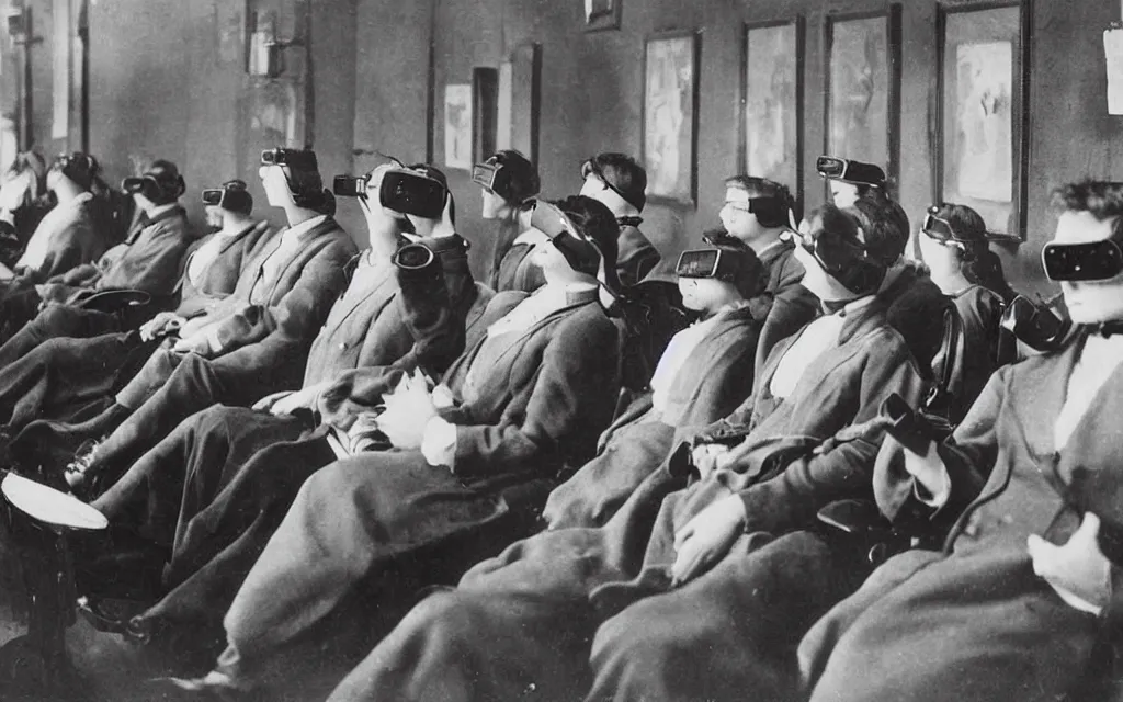 Image similar to 1 9 0 0 s photo of people using iphones ipods virtual reality headsets vr watching hd tv in a movie theater intravenous tube iv in their arms