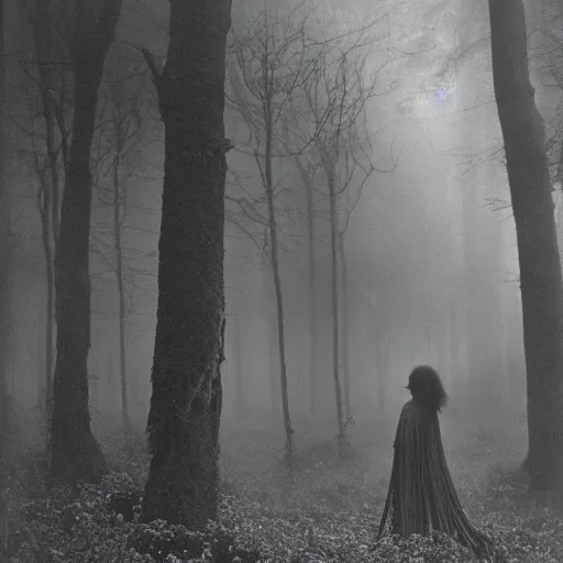 Image similar to an ancient evil-girl on a mysterious fractal forest, mist, 1910 photography, Black and white