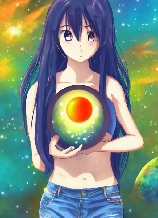 Image similar to an anime in outer space holding a small blue earth in her hand, wearing jean shorts and tank top, no other planets, digital art, anime