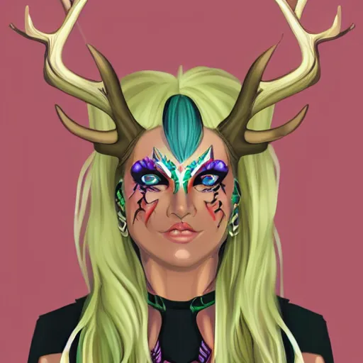 Image similar to tiefling druid with deer antlers growing out of their head blonde hair and large tribal jewelry and face paint