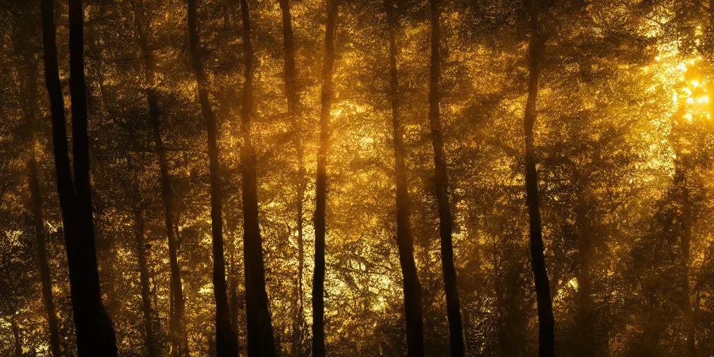 Image similar to An aesthetically pleasing, dynamic, energetic, lively, well-designed digital art of trees inside a forest during sunset, light and shadow, caustics, by Claude Monet, superior quality, masterpiece, excellent use of negative space. 8K, superior detail.