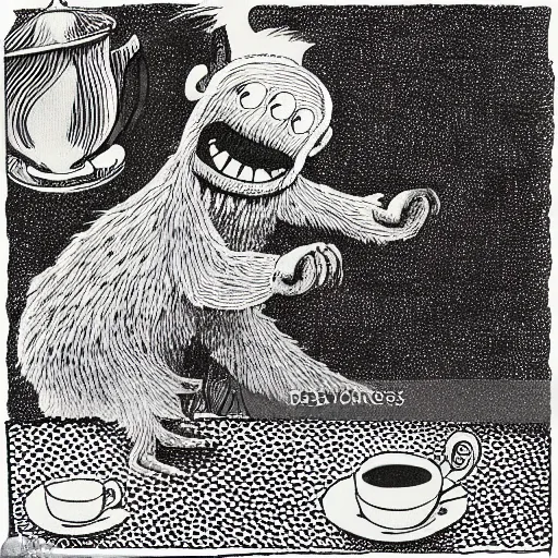 Image similar to highly detailed illustration of a monster smiling and dancing around a beautiful steaming cup of coffee, style of Japanese illustration, Maurice Sendak, Tove Jansson