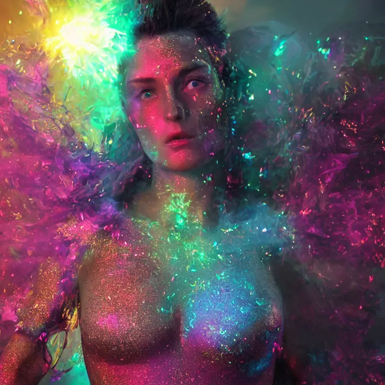 Prompt: wide angle octane render by wayne barlow and carlo crivelli and glenn fabry, the face of a beautiful woman wearing dramatic colorful iridescent glittery facepaint surrounded by smoke and exploding rubble, volumetric lighting and light rays, cinema 4 d, ray traced lighting, very short depth of field, bokeh