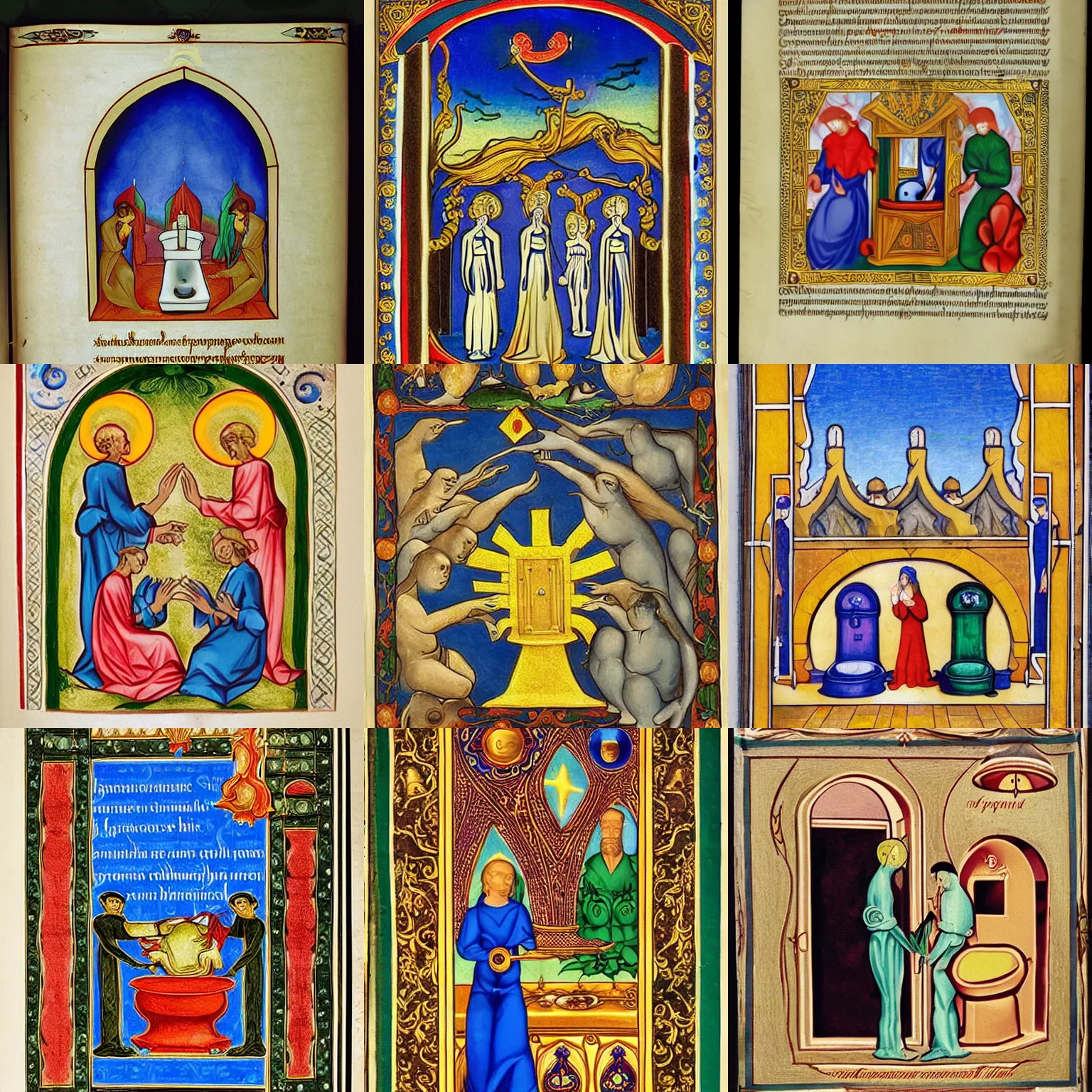 Prompt: gorgeous surrealist illuminated manuscript page venerating toilets