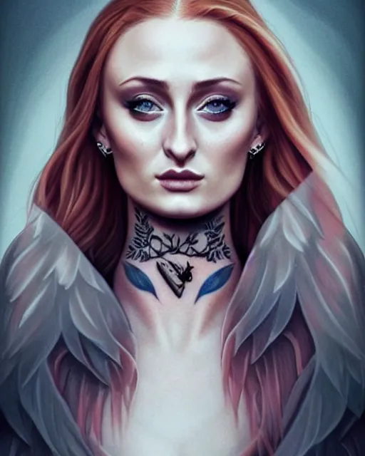 Image similar to beautiful woman Sophie Turner with full sleeve tattoos and neck tattoo, symmetrical face, portrait, Charlie Bowater character art, cinematic lighting