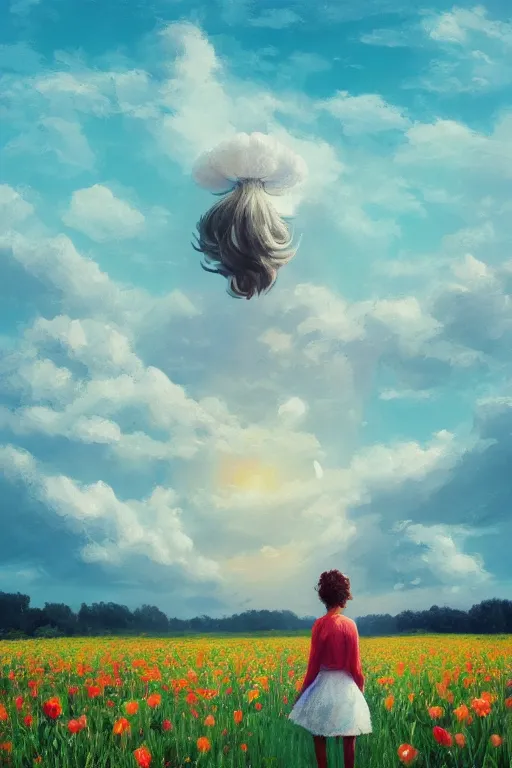 Image similar to giant white flower head, girl walking in a flower field, surreal photography, sunrise, dramatic light, impressionist painting, colorful clouds, digital painting, artstation, simon stalenhag