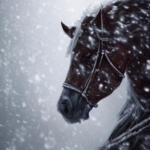 Image similar to A Nordian on horseback in the snowy mountains during a snowstorm, fantasy, medieval, highly detailed, Game of thrones style, Artstation