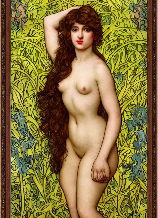 Prompt: masterpiece beautiful seductive flowing curves pinup pose preraphaelite face portrait photography, extreme closeup shot, straight bangs, thick set features, yellow ochre ornate medieval dress, amongst foliage mushroom forest arch, circle, william morris and kilian eng and mucha, framed, 4 k